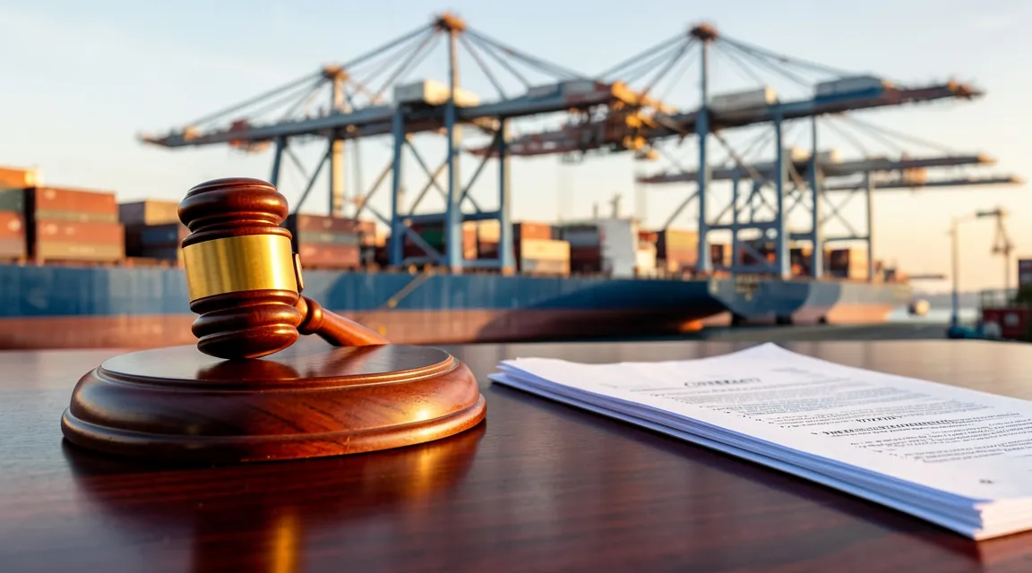 Modern container port terminal blended with a wooden gavel and legal documents representing customs law litigation.