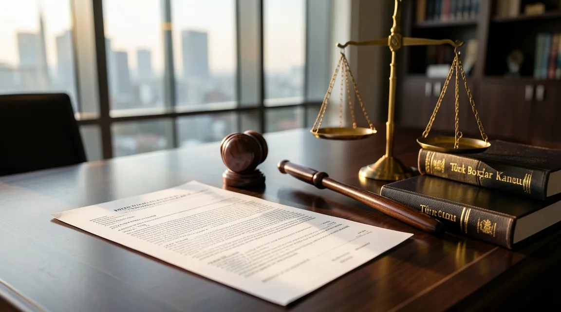 Hukuk bürosu masasında kira sözleşmesi, tahliye taahhütnamesi belgeleri ve adalet tokmağı.