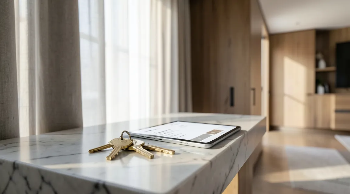 Airbnb ve kısa dönem kiralamalarda GMSİ ticari kazanç ayrımını simgeleyen modern daire anahtarı ve tablet.